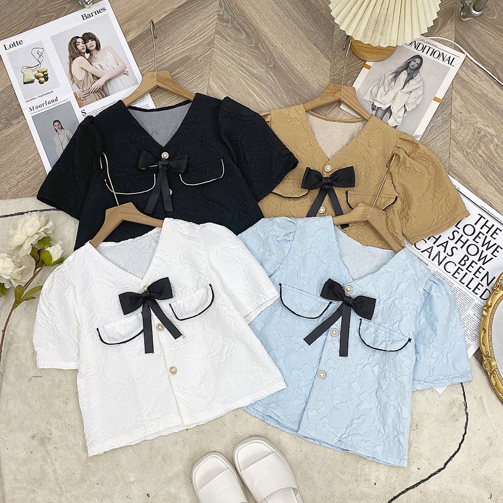 LOVI SHOP Áo croptop sơ mi xốp tay phồng ngắn phối nơ dịu dàng nữ tính mùa hè 2022