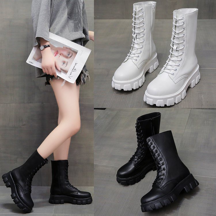 Fashionable Side Ulzzang Zipper Mid Heel Lace Up Women's Martin Boots