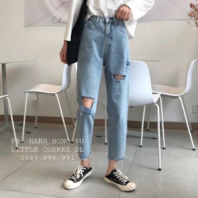 Quần slim baggy jeans rách sườn ô xẻ form ulzzang kèm ảnh thật