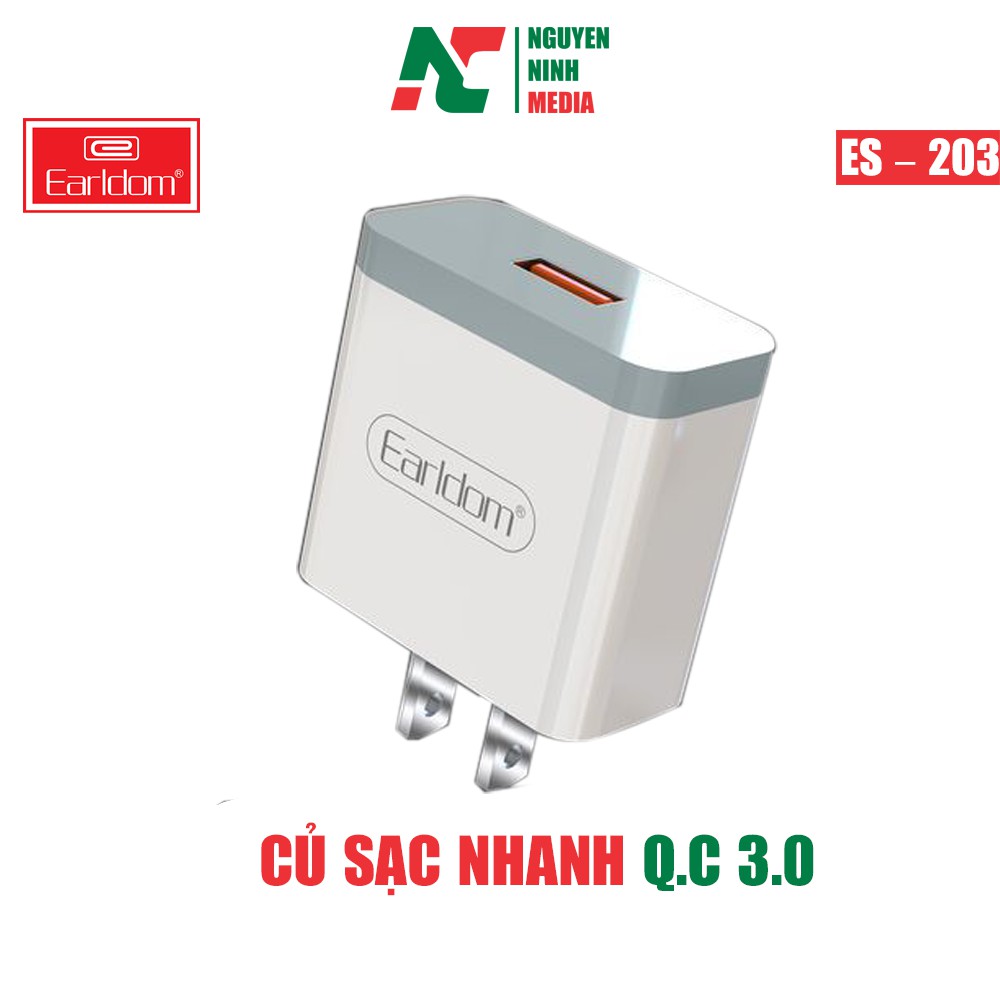 Bộ Sạc Nhanh QC 3.0 Earldom ES – 203 Tặng Kèm Cáp Sạc Nhanh - Hàng Chính Hãng
