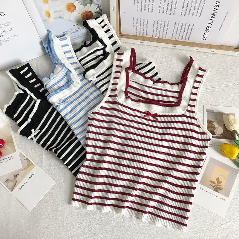 Áo Hai Dây Dệt Kim Dáng Ôm Kẻ Sọc Thắt Nơ Sau Lưng Phong Cách Hàn Quốc Thời Trang Mùa Hè Cho Nữ