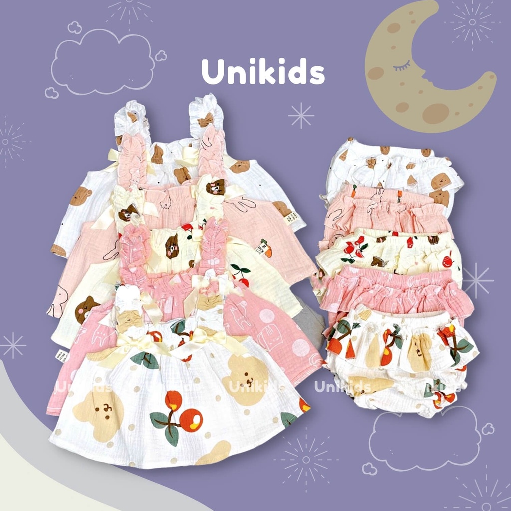 Bộ đồ cho bé da nhạy cảm, bộ quần áo bé gái vải xô Muslin Hàn cao cấp, mẫu thiết kế nơ chun mịn mát cho bé 6 -14kg