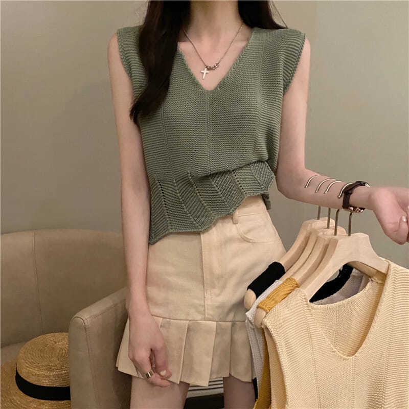 Áo Dệt Kim Sát Nách Dáng Rộng Cổ Chữ V Thời Trang Mùa Hè Cho Nữ Có 5 Kiểu