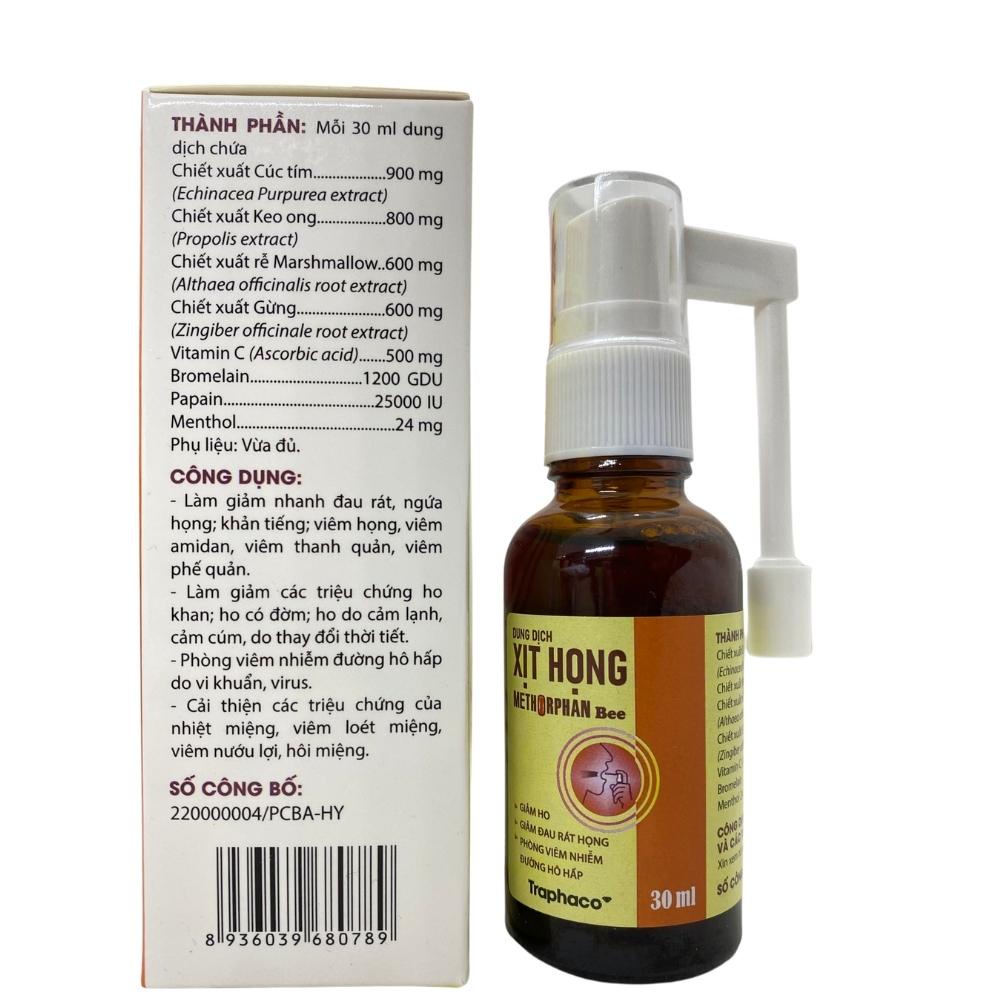 Xịt Họng Keo Ong METHORPHAN BEE - Giảm Các Vấn Đề Đường Hô Hấp TRAPHACO - Chai 30ml Tinh Dầu Thảo Dược