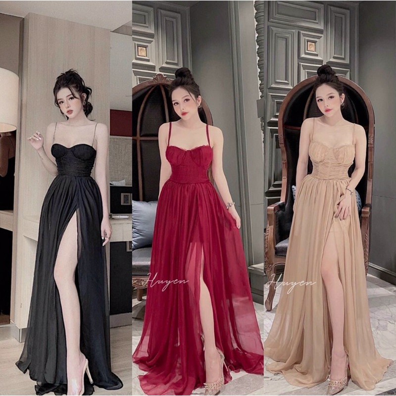 Đầm maxi vol hai dây xẻ tà cúp ngực viền ren (Ảnh thật shop chụp)