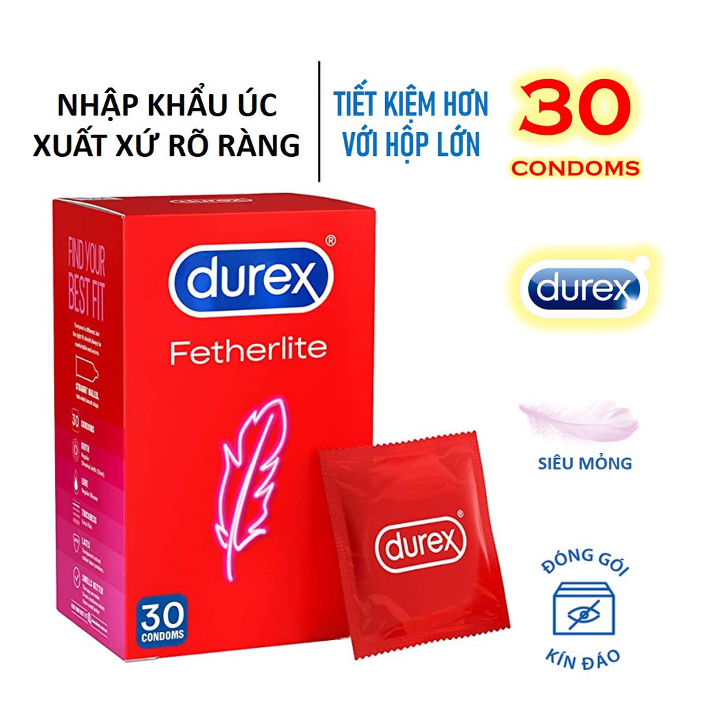 Bao cao su Durex Fetherlite hàng Úc nhập khẩu hộp 30 bao size 52