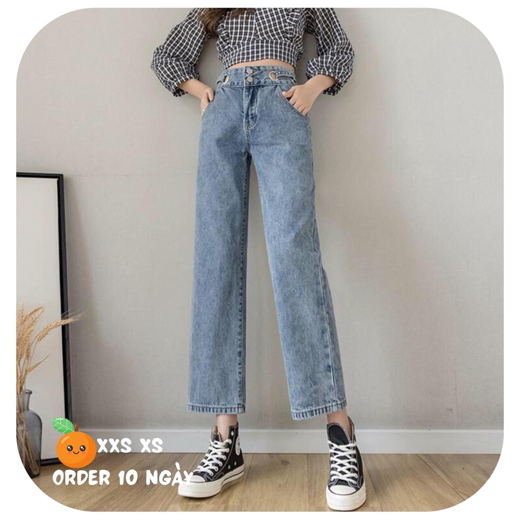 Quần Jeans Size XXS XS Ống Rộng Cạp Cao 2 Cúc Cho Nữ 1m40