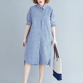 Đầm suông sơ mi form rộng kẻ caro xanh 2 túi chéo SLINEN, chất vải thô mềm, form váy suông giấu bụng.