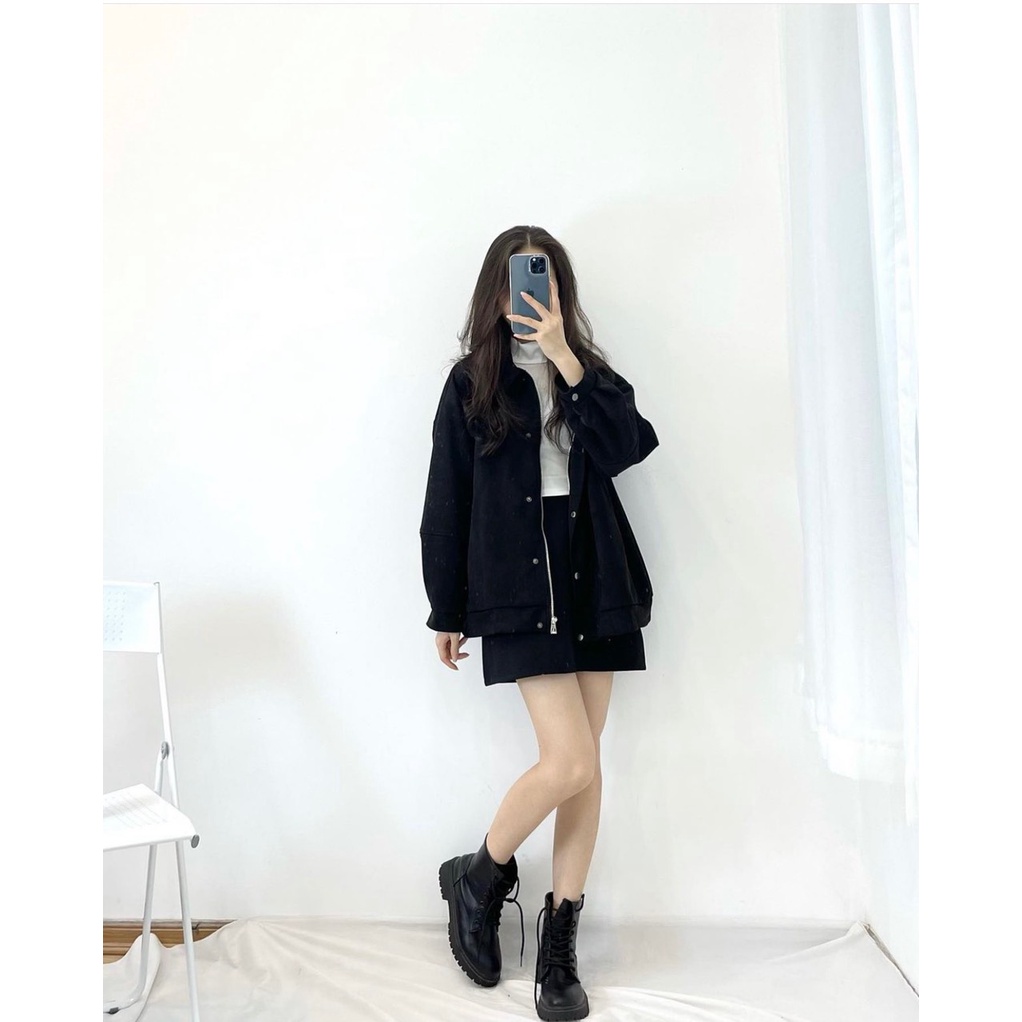 Áo khoác da lộn 2 lớp khóa kéo cổ bẻ Aodalon000