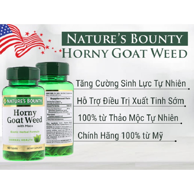 Viên Uống Hỗ Trợ Điều Trị Xuất Tinh Sớm Và Tăng Sinh Lý Nam Nature's Bounty Horny Goat Weed Hộp 60 Viên | BigBuy360 - bigbuy360.vn