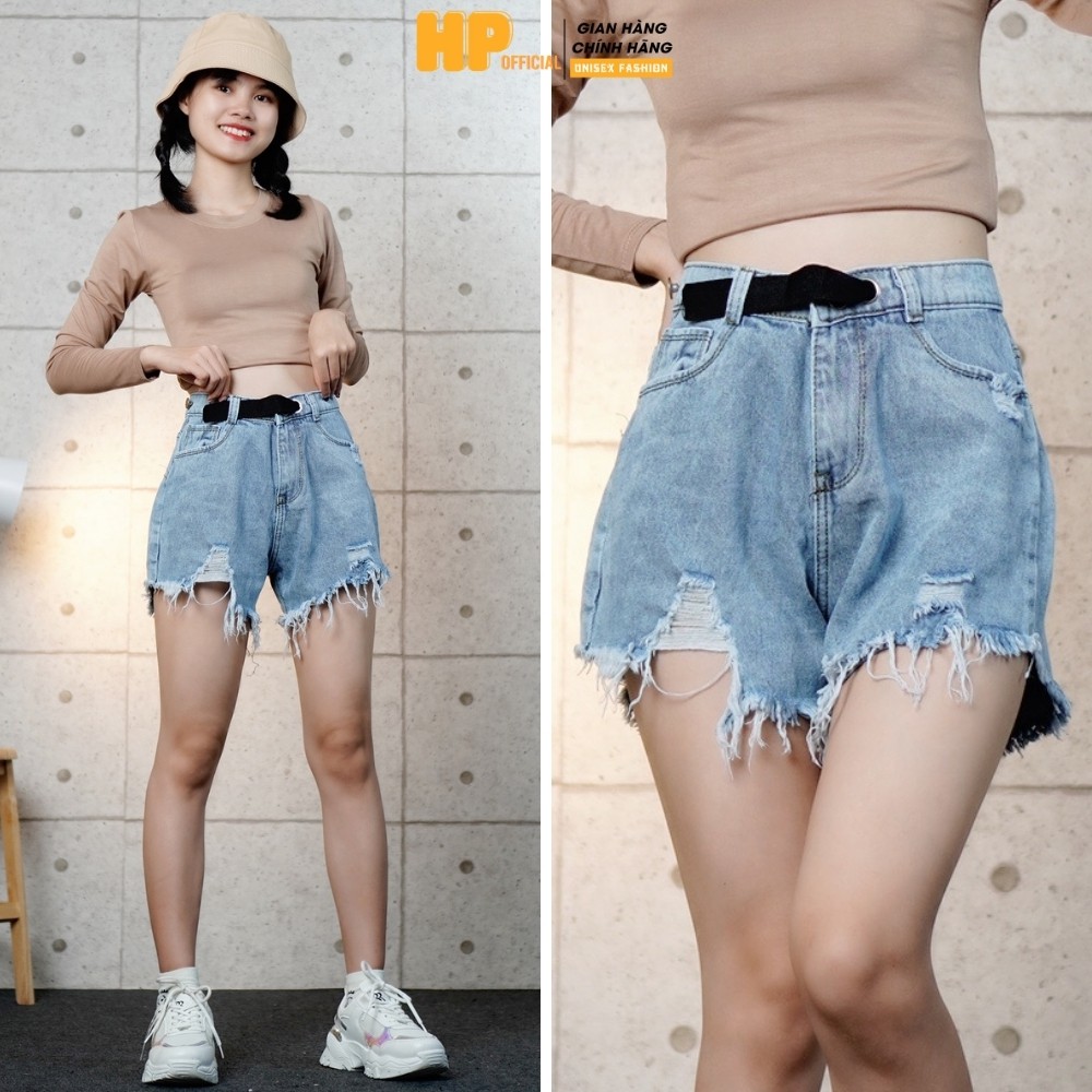 Quần short jean nữ ❤️ Quần đùi nữ lưng cao, có đai dây độc lạ, ống rách cá tính - QJ16