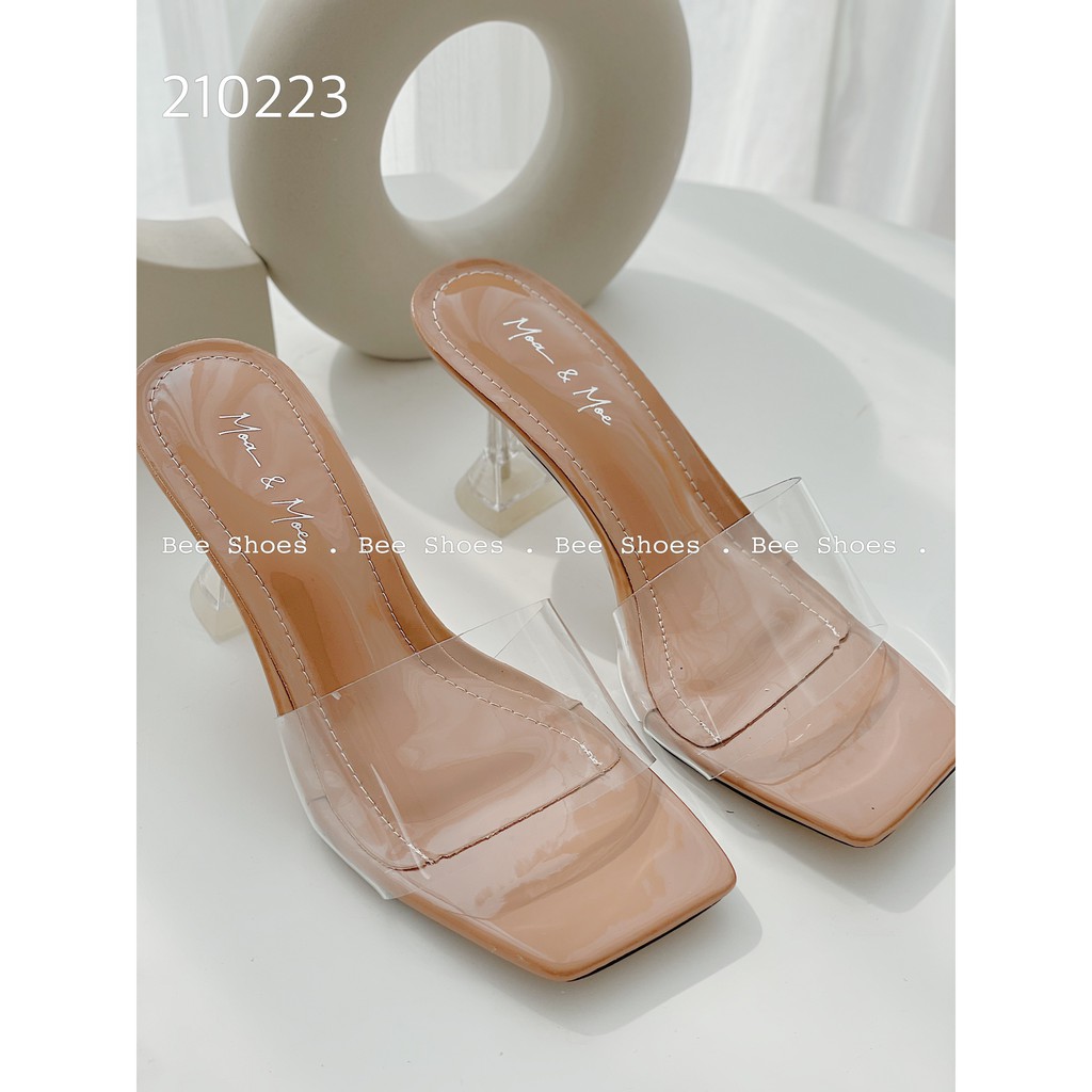 BEESHOES - GUỐC MŨI VUÔNG GÓT NHỌN CAO 9 PHÂN - GUỐC NỮ QUAI TRONG ĐI ÊM CHÂN MÀU ĐEN- KEM- BE 210223