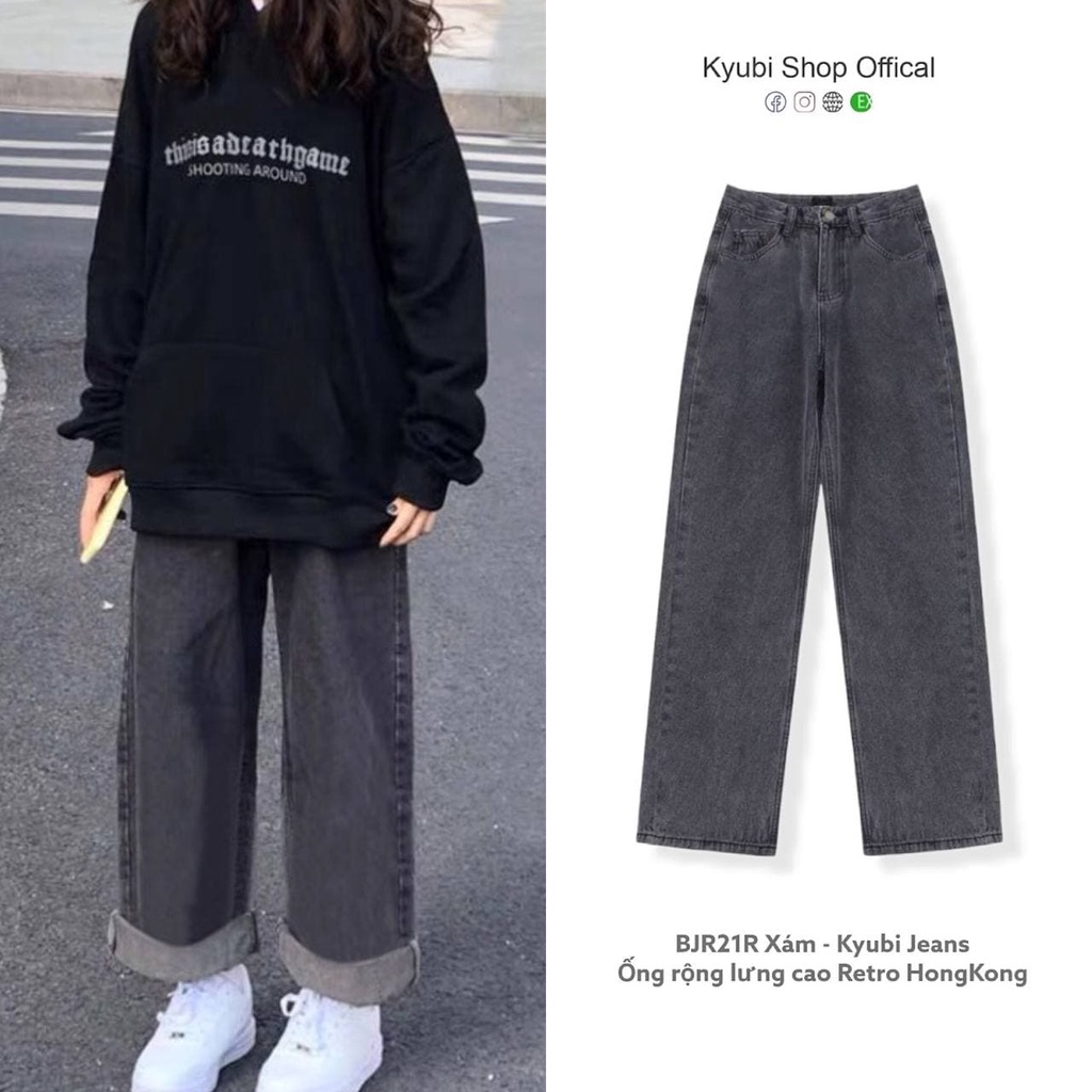 Quần jeans ống suông rộng đen xám nữ phong cách Retro Ulzzang (Có Bigsize ) - Quần jean ống rộng Kyubi JEMI.Re - Hàng nh