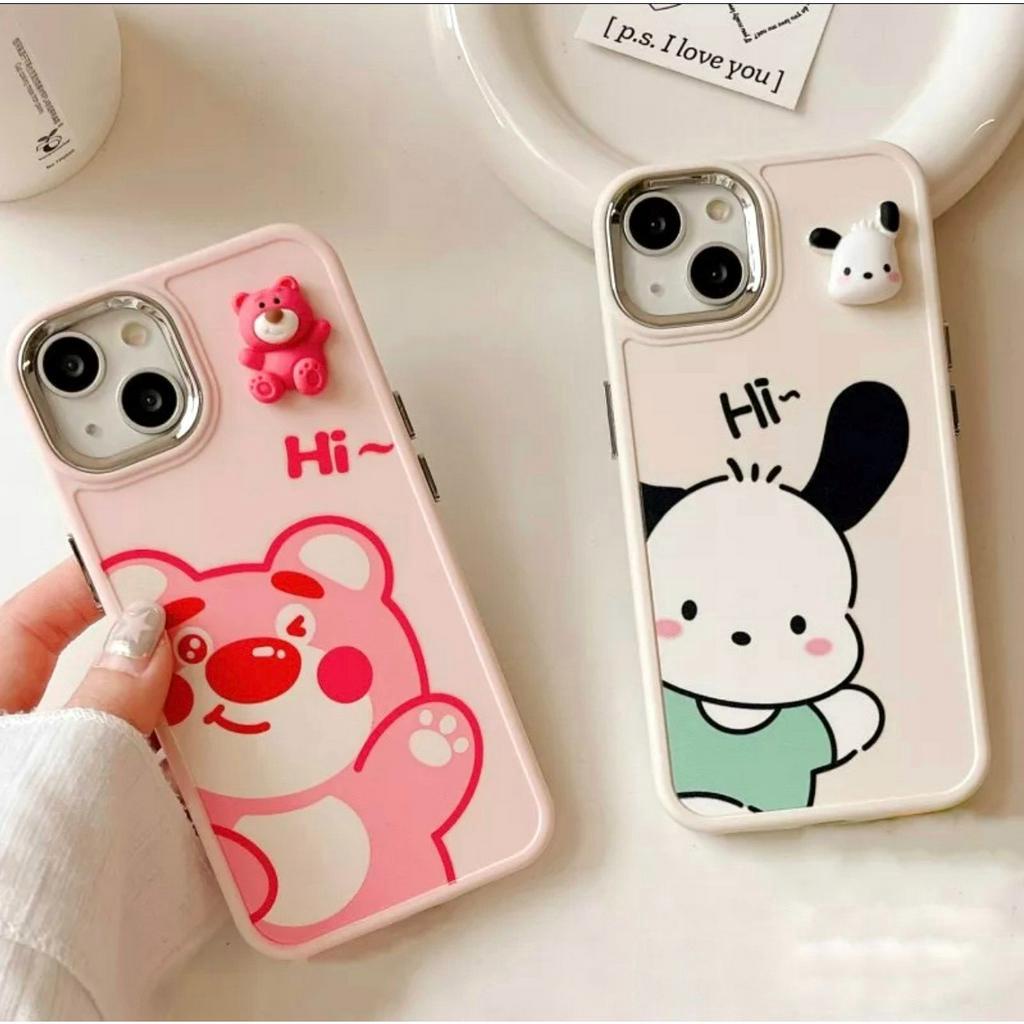 Ốp cam kim loại in hình gắn Stick Gấu Dâu, Kuromi 7plus/8plus/x/xs/xsmax/11/12/13/14/pro/max/plus/promax