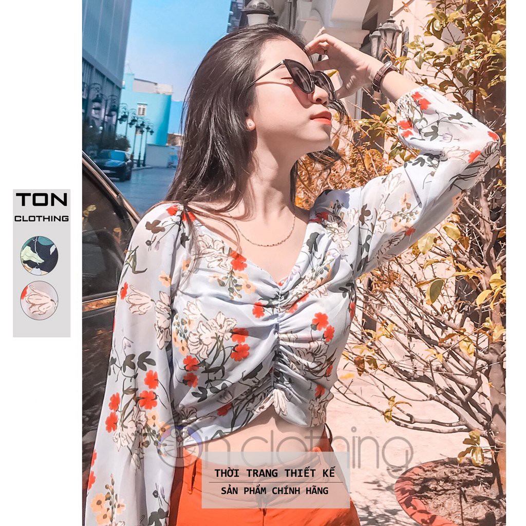 Áo kiểu nữ TON CLOTHING áo form dáng croptop thiết kế tay dài dễ thương vải voan mịn mát họa tiết hoa xinh xắn AOK002