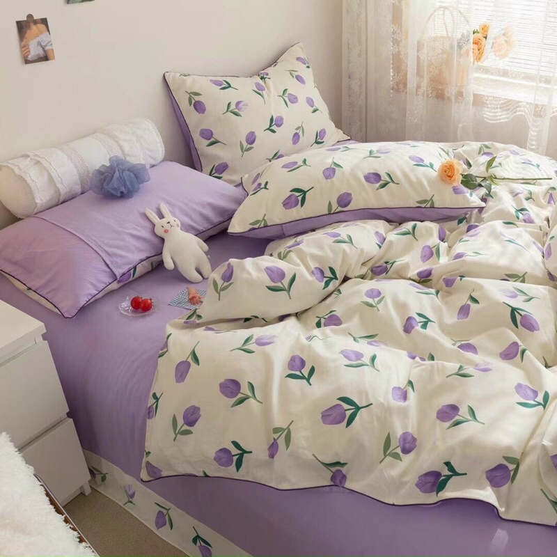 Bộ chăn ga gối hình 🌷tulip tím trắng phối màu chất liệu Cotton Living 🍃