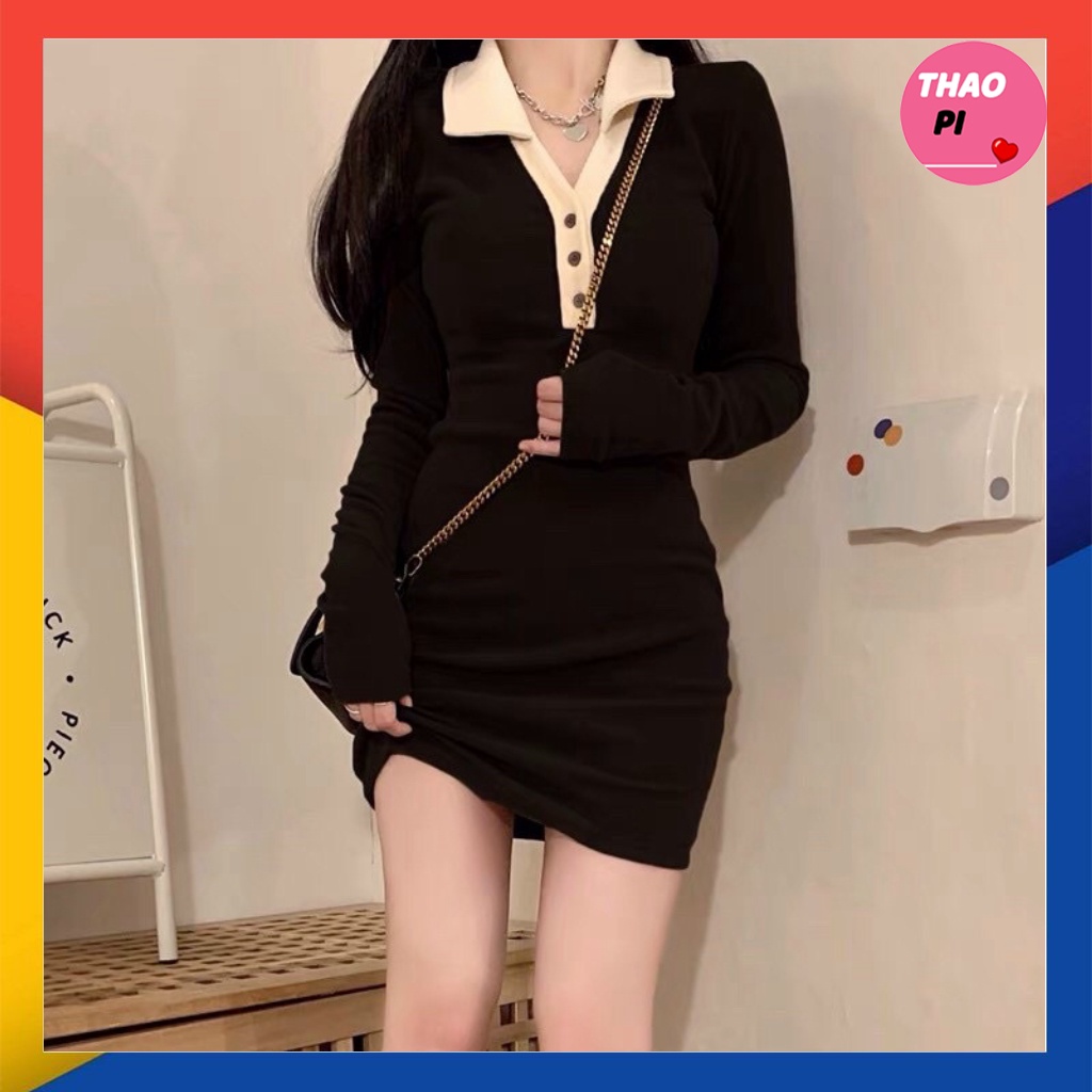Đầm body cổ sơ mi tay dài Ulzzang siêu đẹp