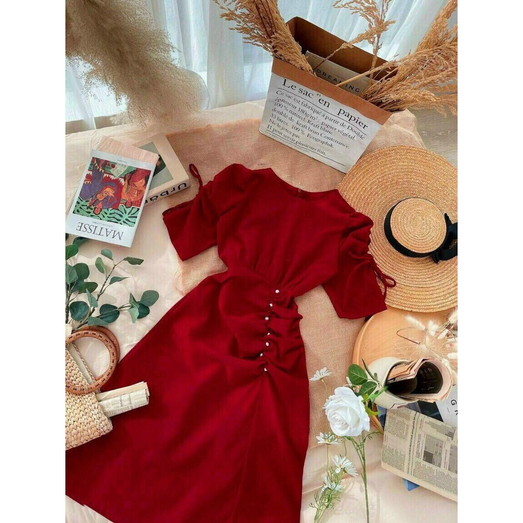 Đầm nữ fom dài kết cườm rút dây eo thời trang