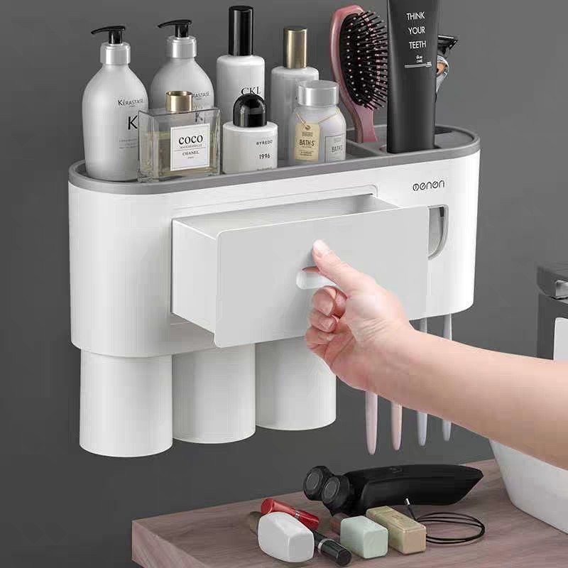 Bộ Nhả Kem Đánh Răng Tự Động , Kệ để đồ phòng tắm đa năng lắp đặt dính tường kèm cốc từ tính ONEON