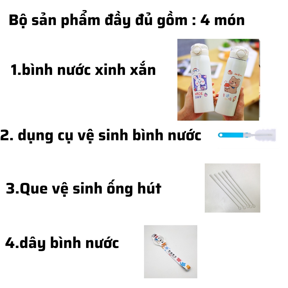 Bình giữ nhiệt 500ml Hình Gấu , bình nước giữ nhiệt inox 304 có ống hút có dây , bình giữ nhiệt cho bé