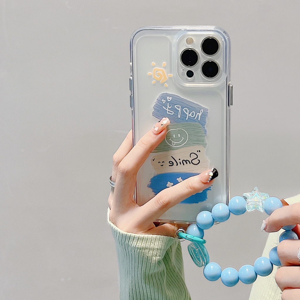 Ốp Điện Thoại Tpu Silicon Mềm Trong Suốt Hình Mặt Cười Đơn Giản Có Dây Đeo Ngọc Trai Cho iPhone 11 12 13 14 Pro XS Max XR