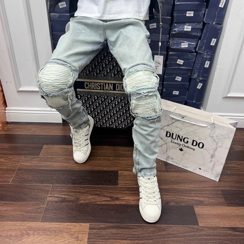 Quần Biker Nam Rách Gối Phối Da Nhăn Cực Đỉnh