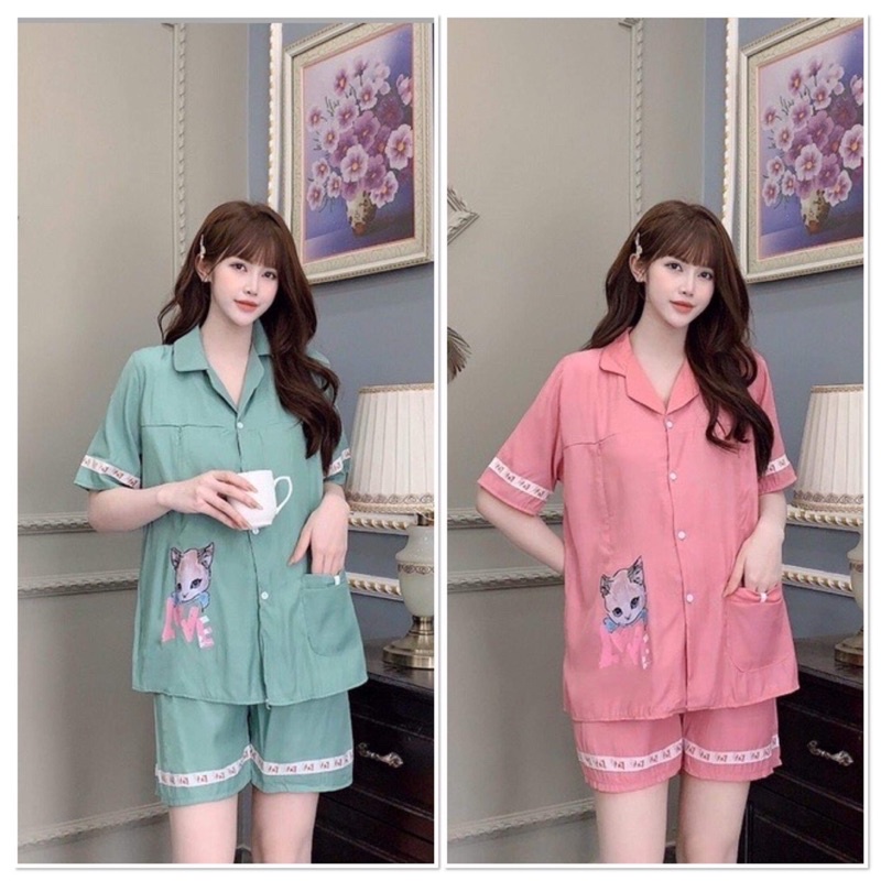 Bộ Pijama Đùi ĐẸP RẺ in hình mèo xinh xắn, chất đũi lụa mềm mịn phù hợp cho mẹ Bầu và Sau sinh, có KHOÁ TI tiện lợi