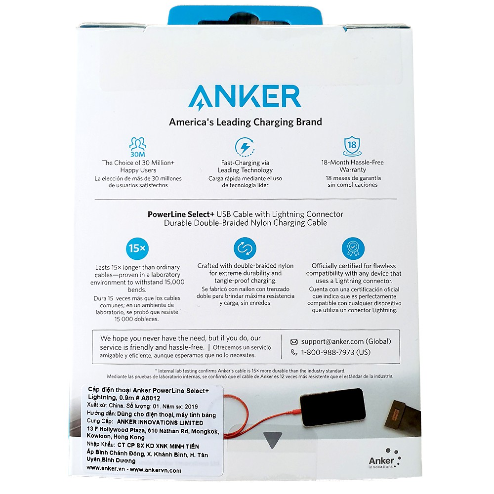 Cáp sạc ANKER PowerLine Select+ Lightning dài 0.9m - A8012