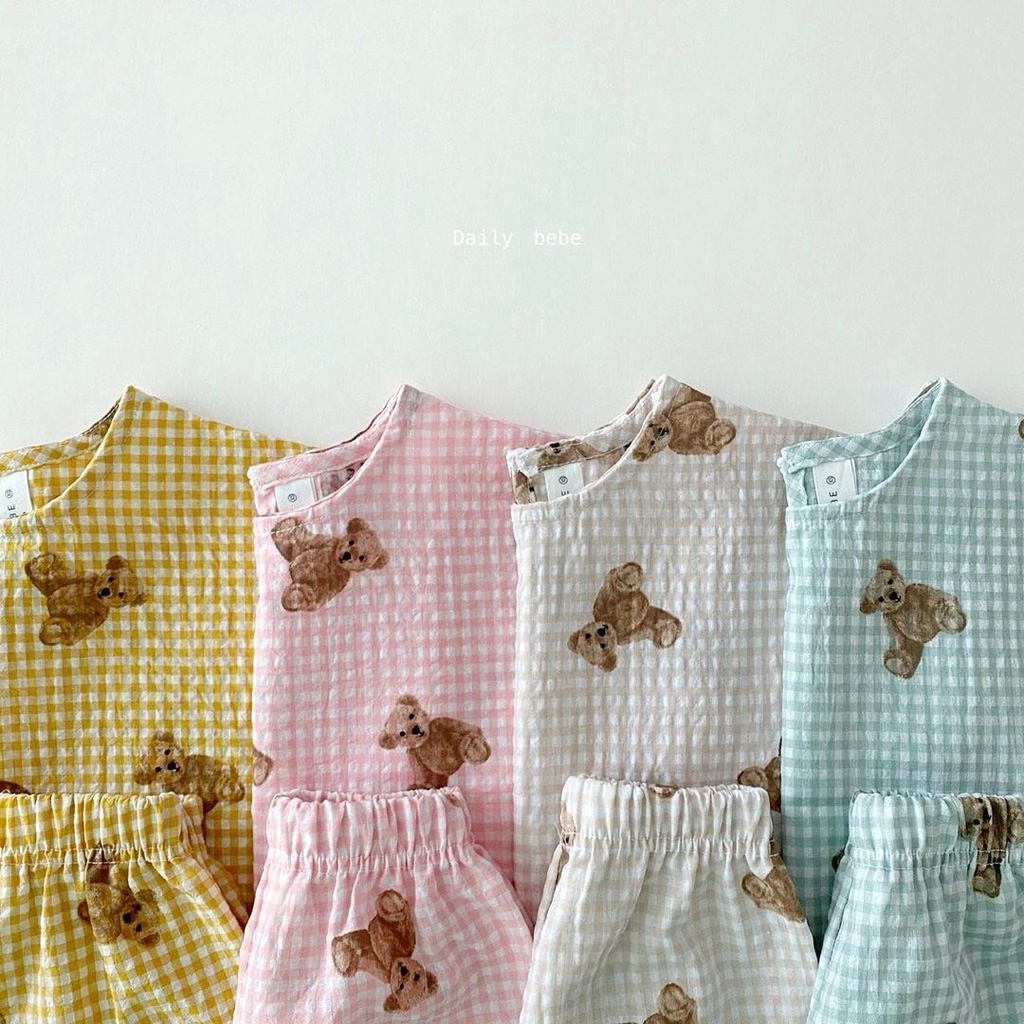 Bộ đồ áo thun không tay + quần short in họa tiết gấu dễ thương thời trang mùa hè dành cho bé trai gái sơ sinh
