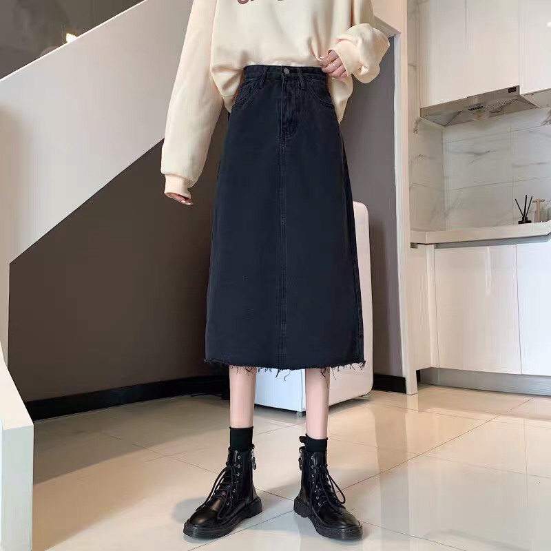 Chân váy nữ cạp cao, chân váy midi tua gấu xẻ sau phong cách_A10