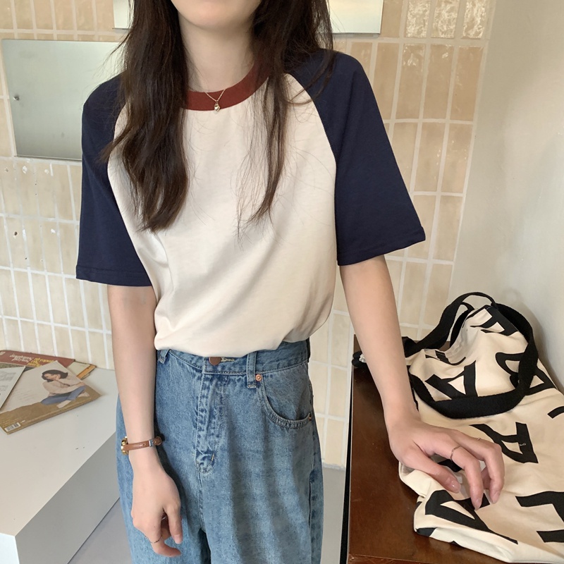 Áo Thun Cotton Tay Ngắn Dáng Ôm Màu Sắc Tương Phản Dễ Phối Đồ 51122