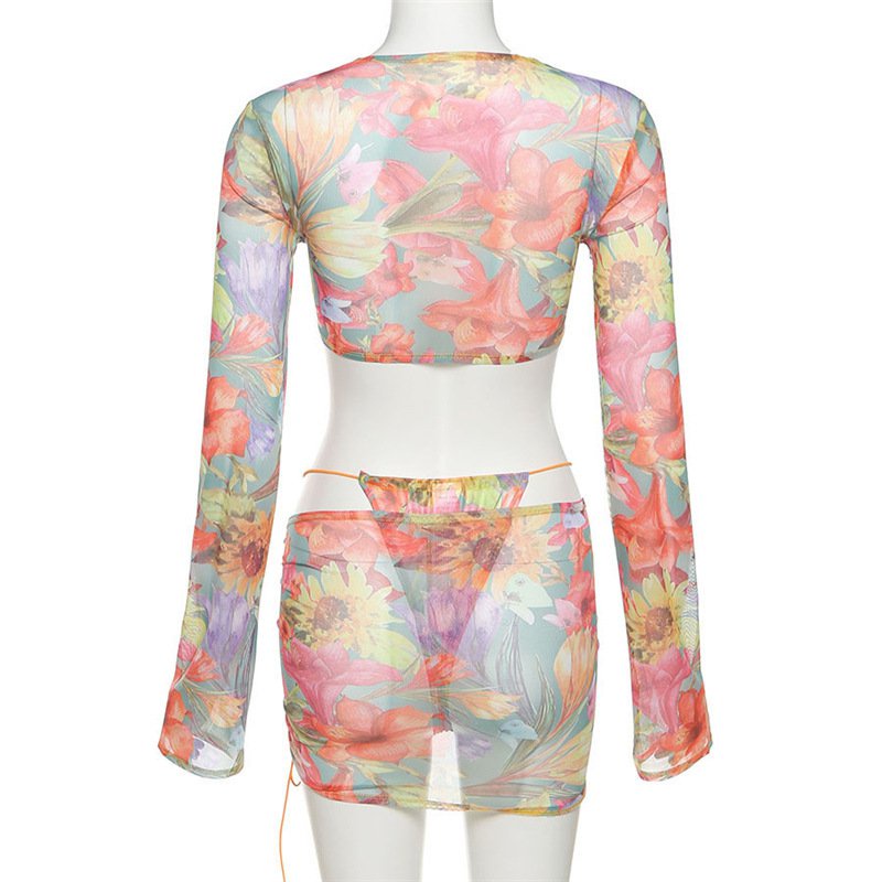 Bộ Đồ 3 Món Gồm Áo Crop Top + Chân Váy + Quần Lót Phối Lưới Thời Trang Mùa Hè Năng Động Cho Nữ