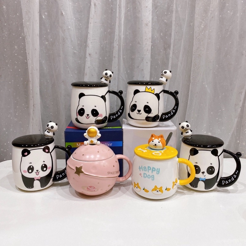 Cốc Uống Nước, 430ml cho bé Có Nắp và Thìa Cốc Sứ Decor Chịu Nhiệt Dễ Thương