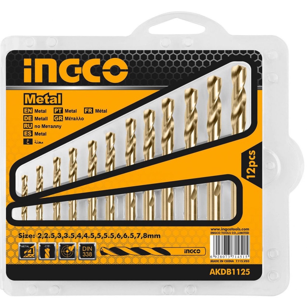2-8mm Bộ 12 mũi khoan kim loại HSS INGCO AKDB1125