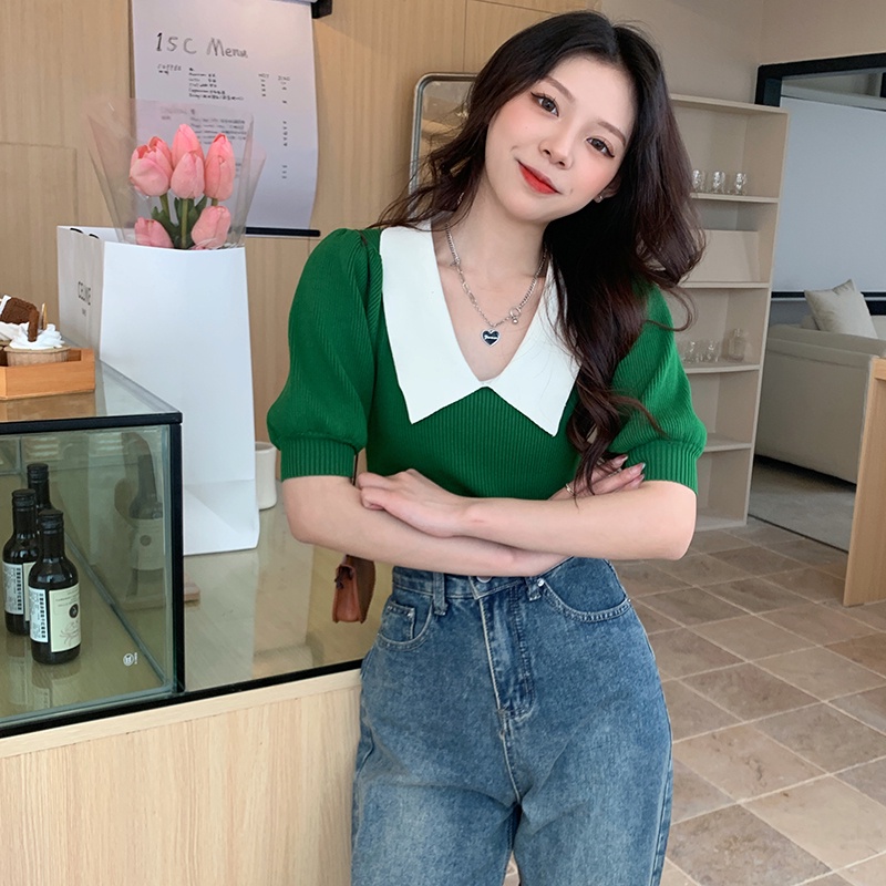 Áo kiểu XIAOZHAINV dệt kim tay ngắn cổ bẻ 4 màu sắc tùy chọn phong cách Hàn Quốc dành cho nữ