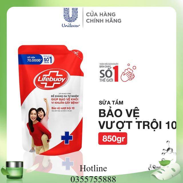 Sữa tắm túi Lifebuoy 850g dưỡng ẩm mềm mịn giúp bảo vệ khỏi 99.9% vi khuẩn và ngăn ngừa vi khuẩn lây lan trên da