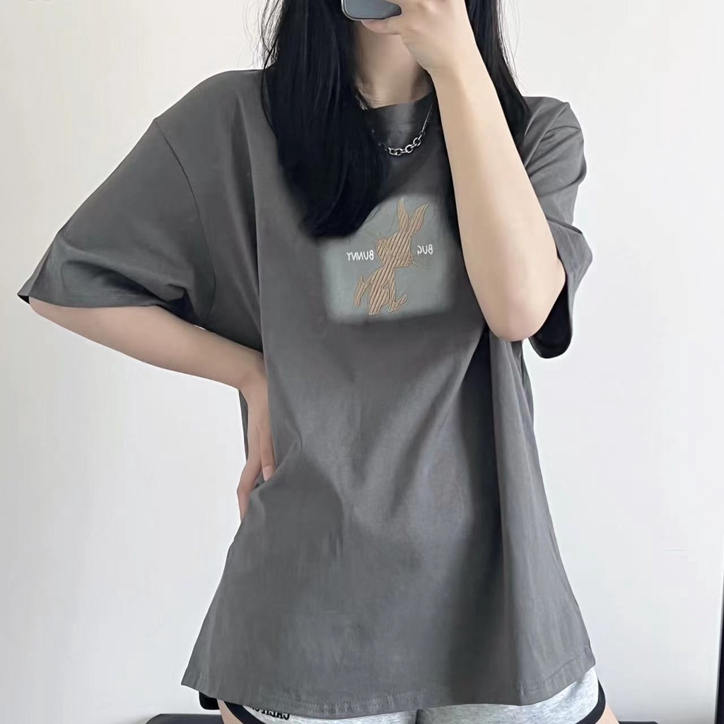 Áo thun ZHELIHANGFEI từ cotton ngắn tay dáng rộng in họa tiết hoạt hình xinh xắn