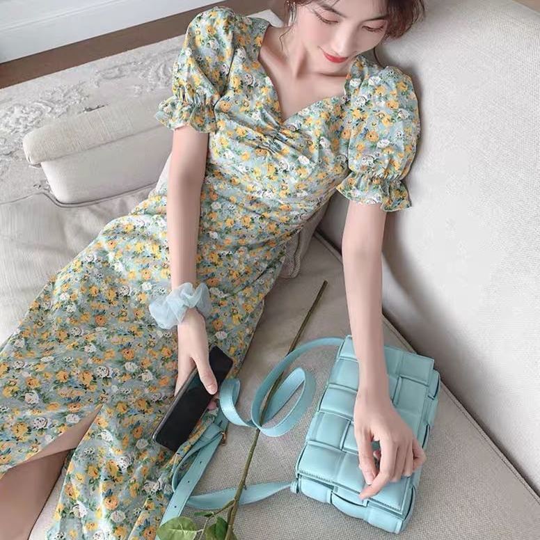 Đầm Nữ Dáng Dài Họa Tiết Hoa Cúc Nhỏ Phong Cách Pháp Thời Trang Mùa Hè Mới