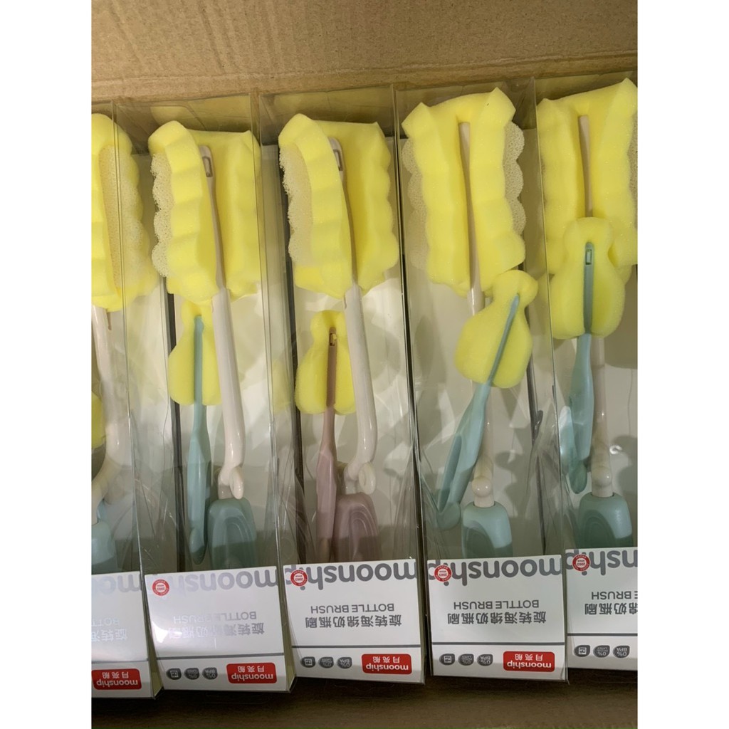 Bộ cọ rửa bình Silicone Moonship - Bottle brush cao cấp 2 chi tiết cho bé, tay cầm xoay 360 độ