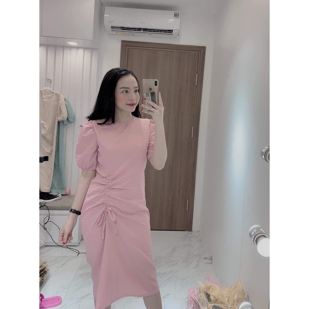 váy suông trơn tay bồng rút eo chất đũi | BigBuy360 - bigbuy360.vn