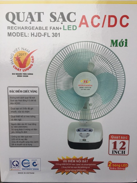 Quạt tích điện có cổng sạc USB Honjianda cao cấp tích hợp đèn led - BH 6(9) tháng | BigBuy360 - bigbuy360.vn
