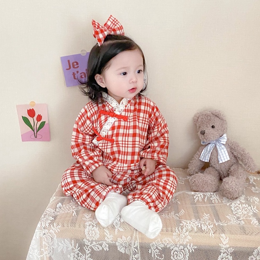 Sanlutoz Tết Bộ Áo Liền Quần Tay Dài In Caro &amp; Băng Đô Quấn Đầu Dễ Thương Cho Bé Gái