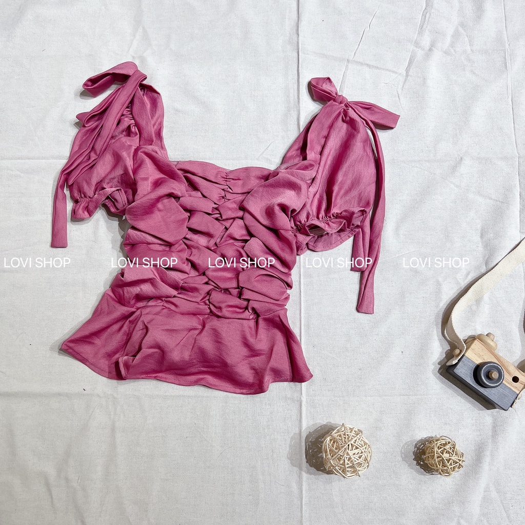 LOVI SHOP- Áo kiểu nhún 2 nơ vai gồm 3 màu