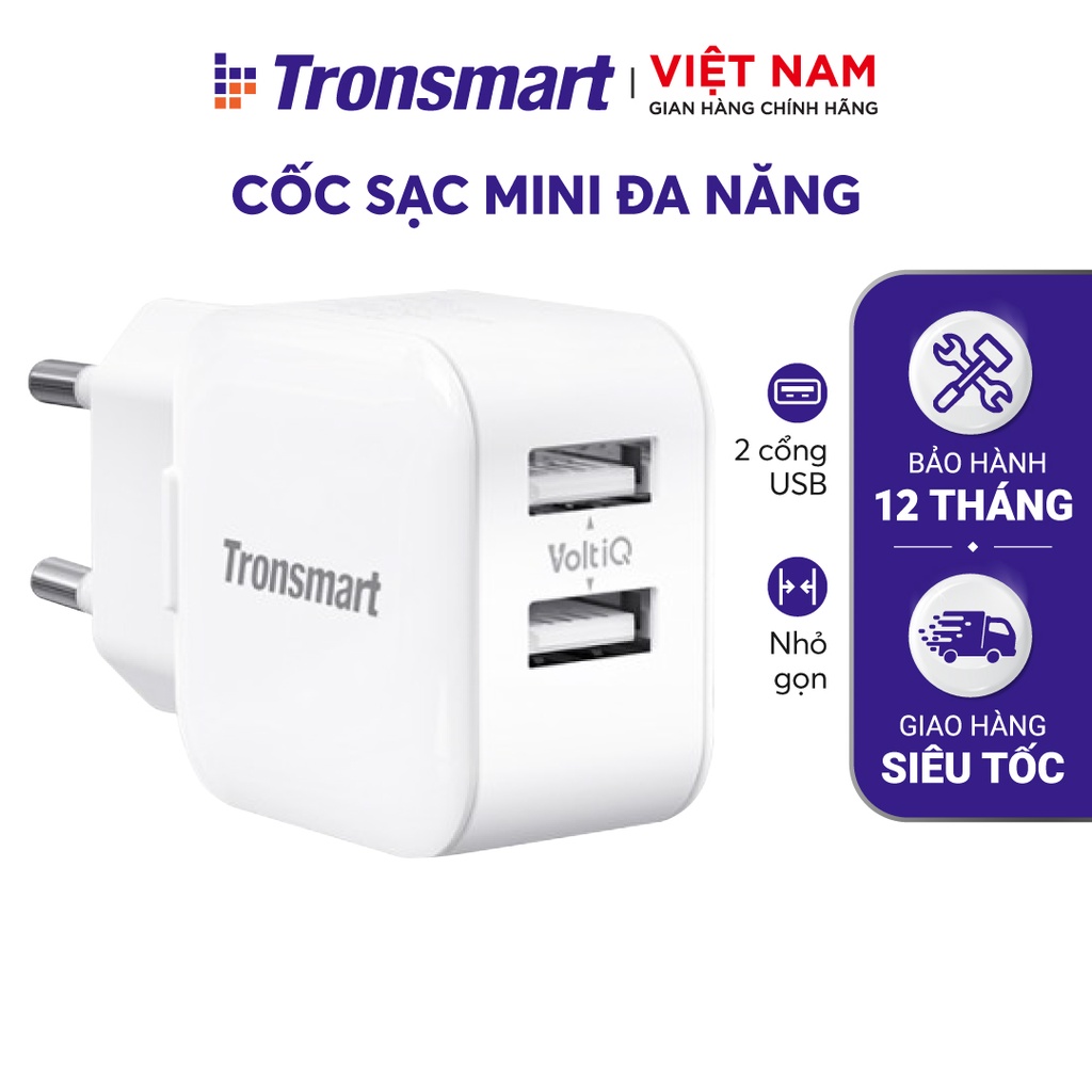 Củ sạc 2 cổng USB Tronsmart W02 công nghệ VoliQ 12W dòng 2.4A - Hàng chính hãng - Bảo hành 12 tháng 