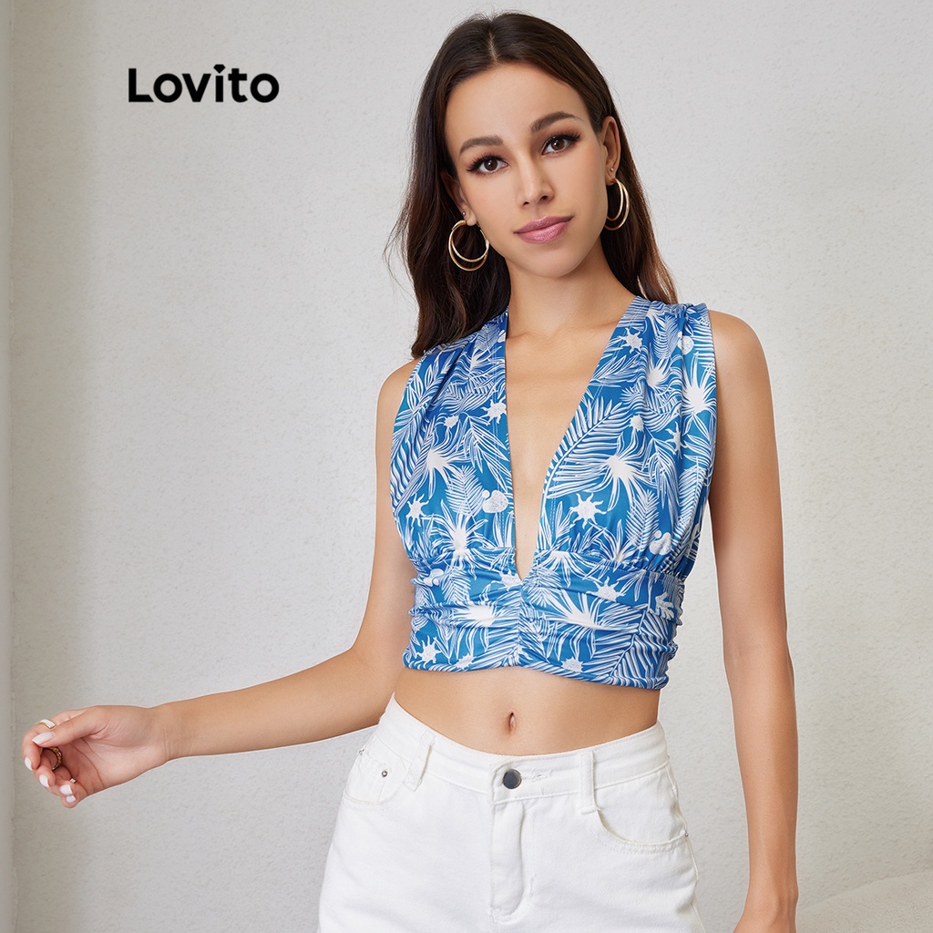 Lovito Boho Plants Shirring Không tay Xoắn Áo tăng cổ chữ V L24LE019 (Xanh và Trắng)