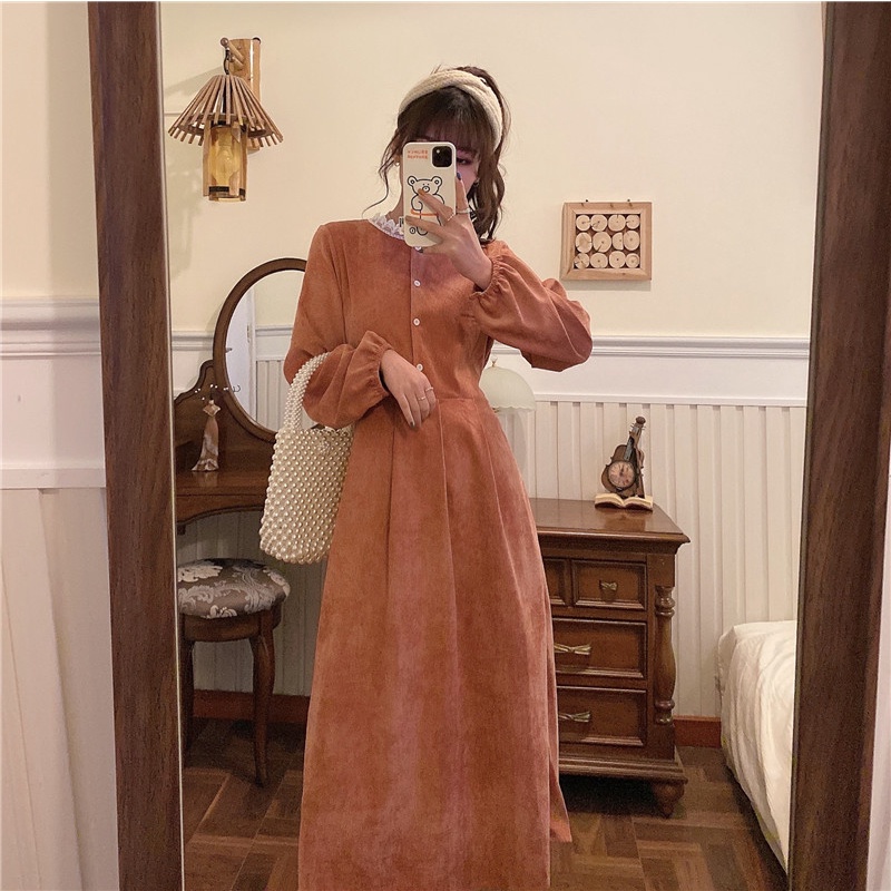 【ZHELIHANGFEI】Đầm Nhung Dài Qua Gối Dài Tay Phong Cách Mới