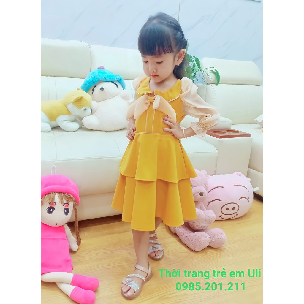 Đầm xòe tầng sọc ngang phối nơ cho bé gái vải cotton mềm mịn thoáng mát – Thời trang trẻ em Uli