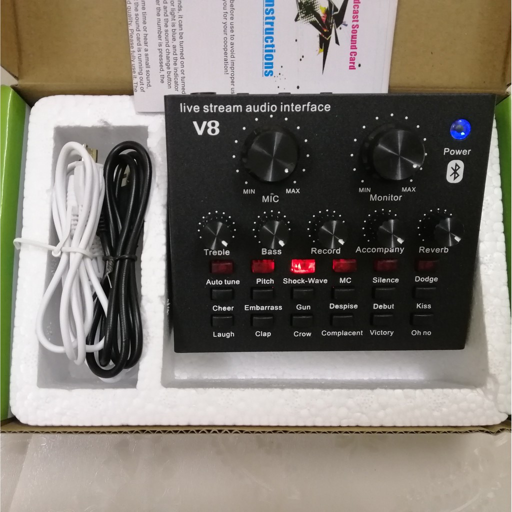 Bộ live stream sound card V8 Bluetooth bản tiếng Anh, Micro Bm 900 full phụ kiện để