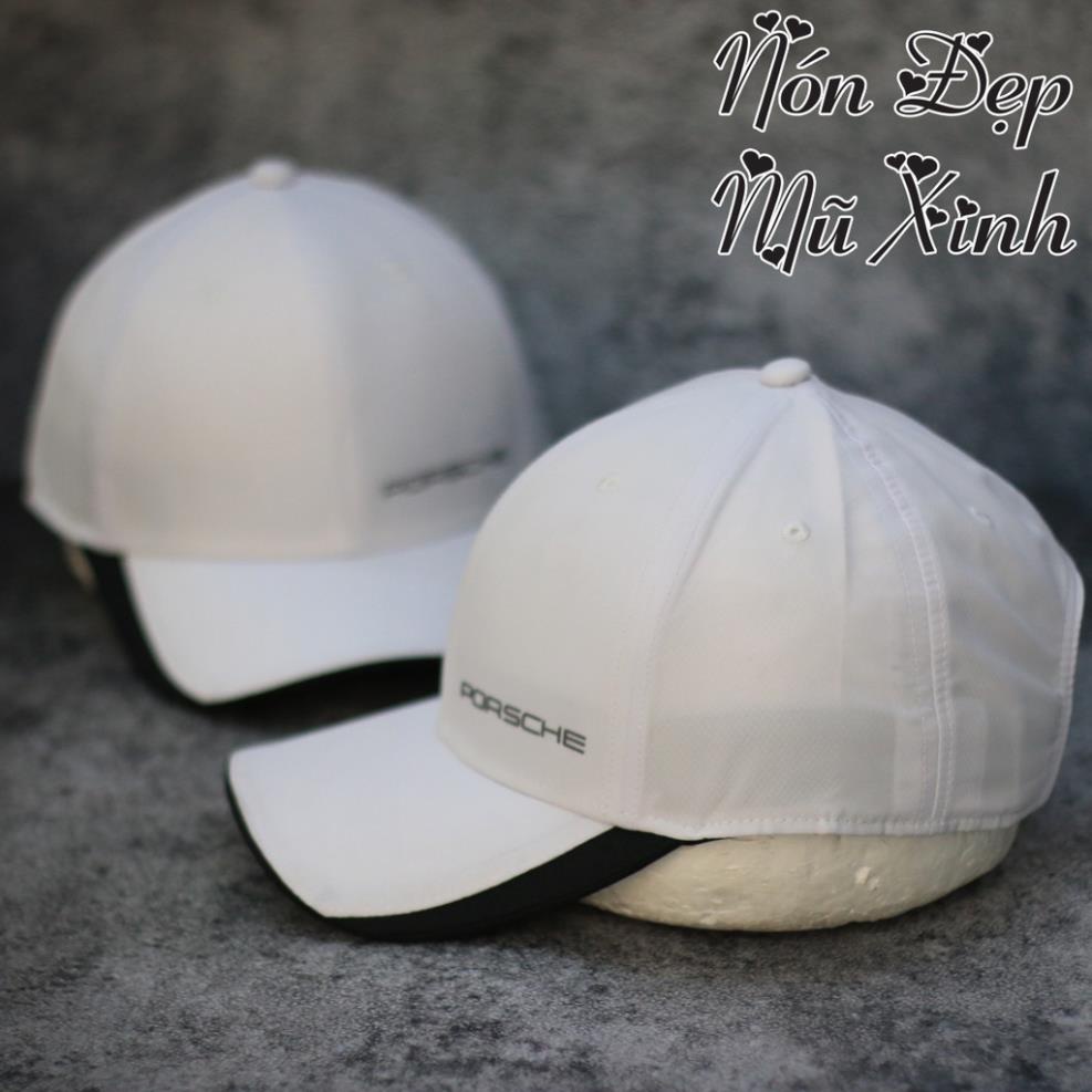 Nón lưỡi trai Porsche  dù trắng Hàn Quốc cao cấp, phom nón cứng cáp cá tính, logo dập nổi, khoá đuôi dán