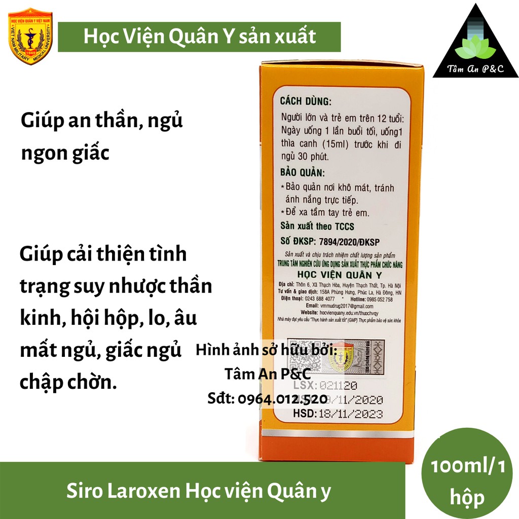 [ NGỦ NGON] Siro Thảo Dược LAROXEN Học Viện Quân Y lọ 100 ml dành cho người mất ngủ, ngủ không ngon, suy nhược thần kinh